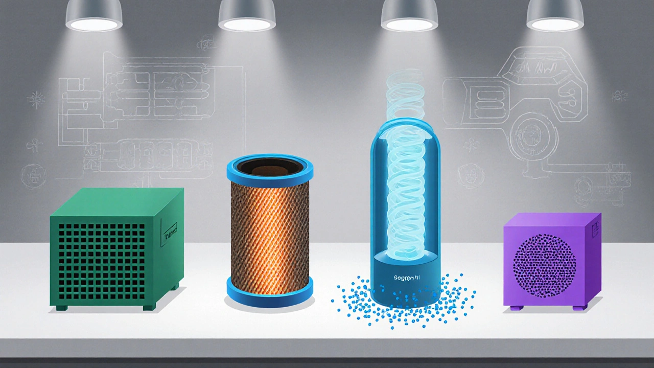 Cartoon diagram of four air purifier types: HEPA, carbon, UV‑C, and ionizer.