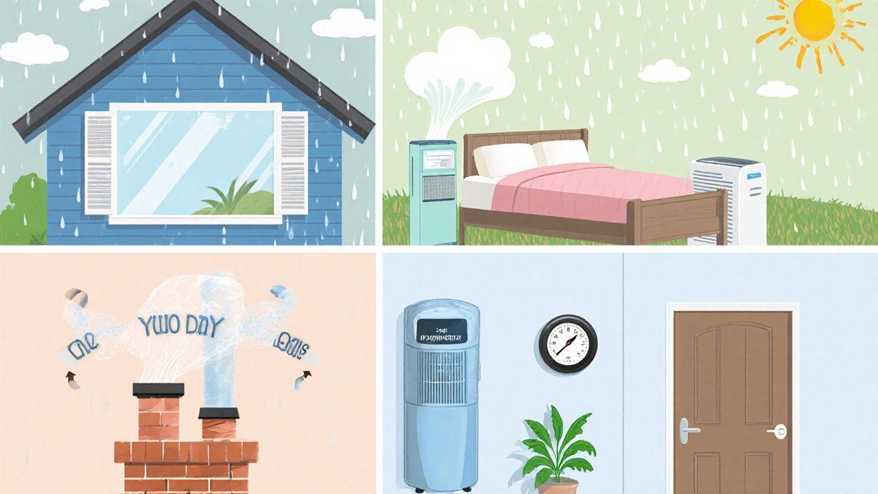 Cartoon house divided into seasons showing ventilation, humidifiers, and cleaning actions.