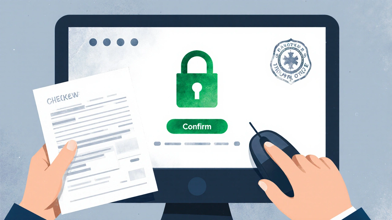 Close-up of secure checkout page with padlock and prescription in hand.