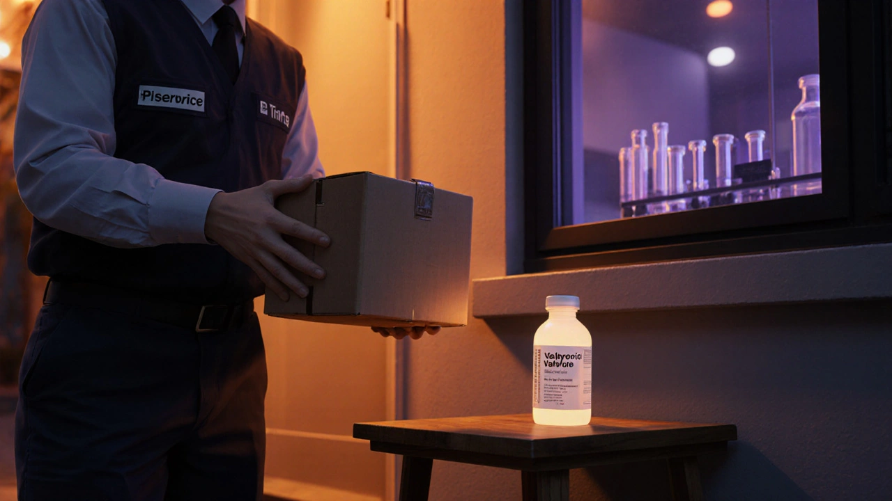 Courier delivering a box containing a generic medication bottle on a doorstep at dusk.
