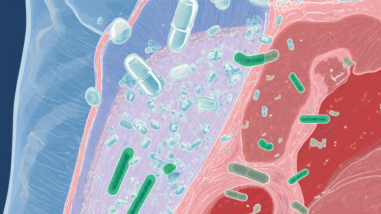 Cross‑section view of the intestine showing reduced friendly bacteria and antibiotic particles.