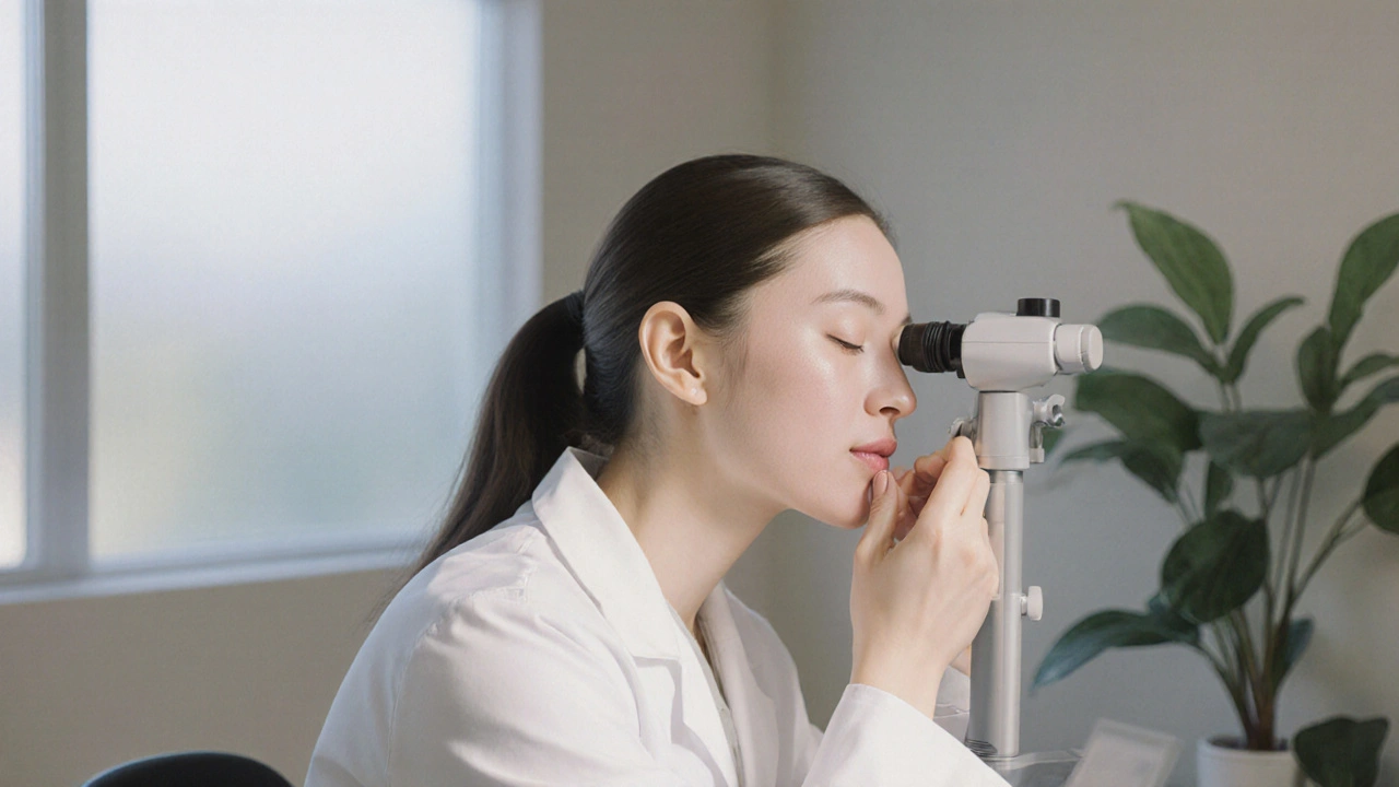 Dermatologist examining a patient&#039;s cheek with a dermatoscope in a calm clinic.