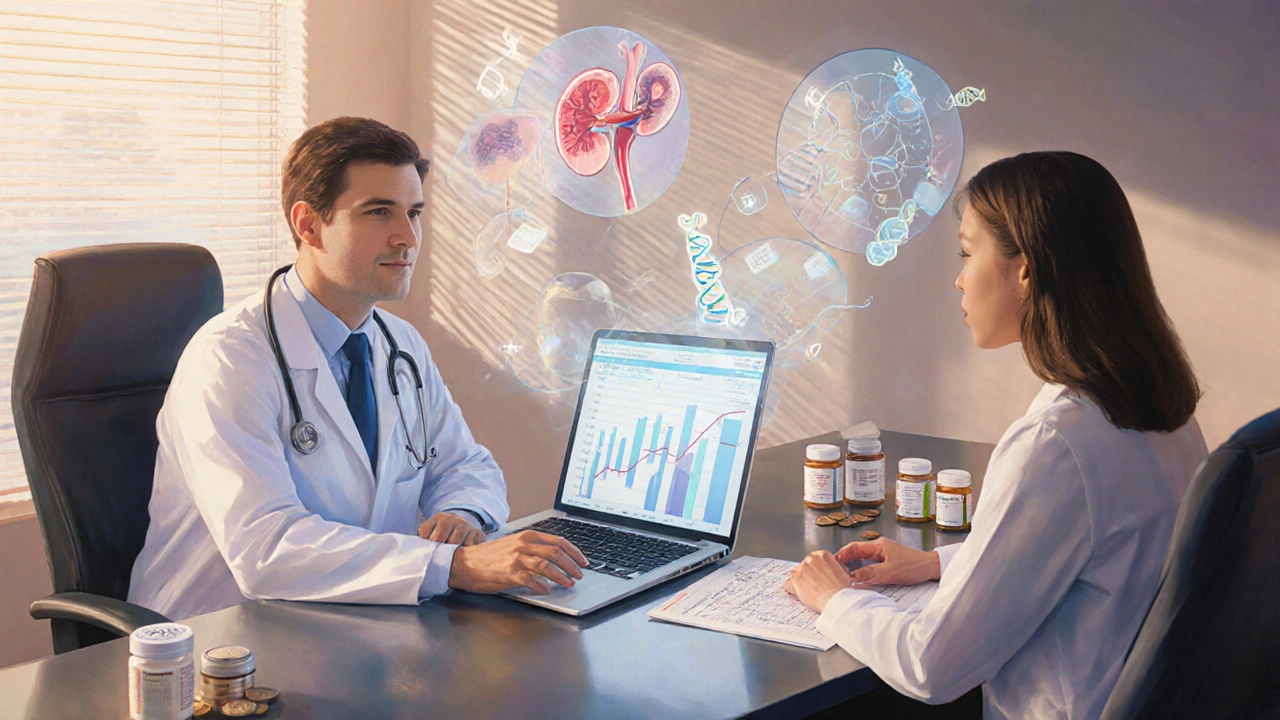 Doctor and patient discussing treatment with floating organ icons and pill bottles.