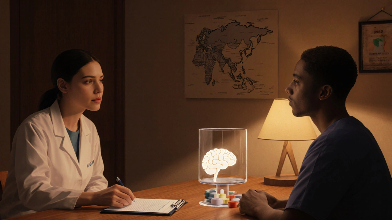Doctor and patient reviewing medication choices with scale and brain icon.