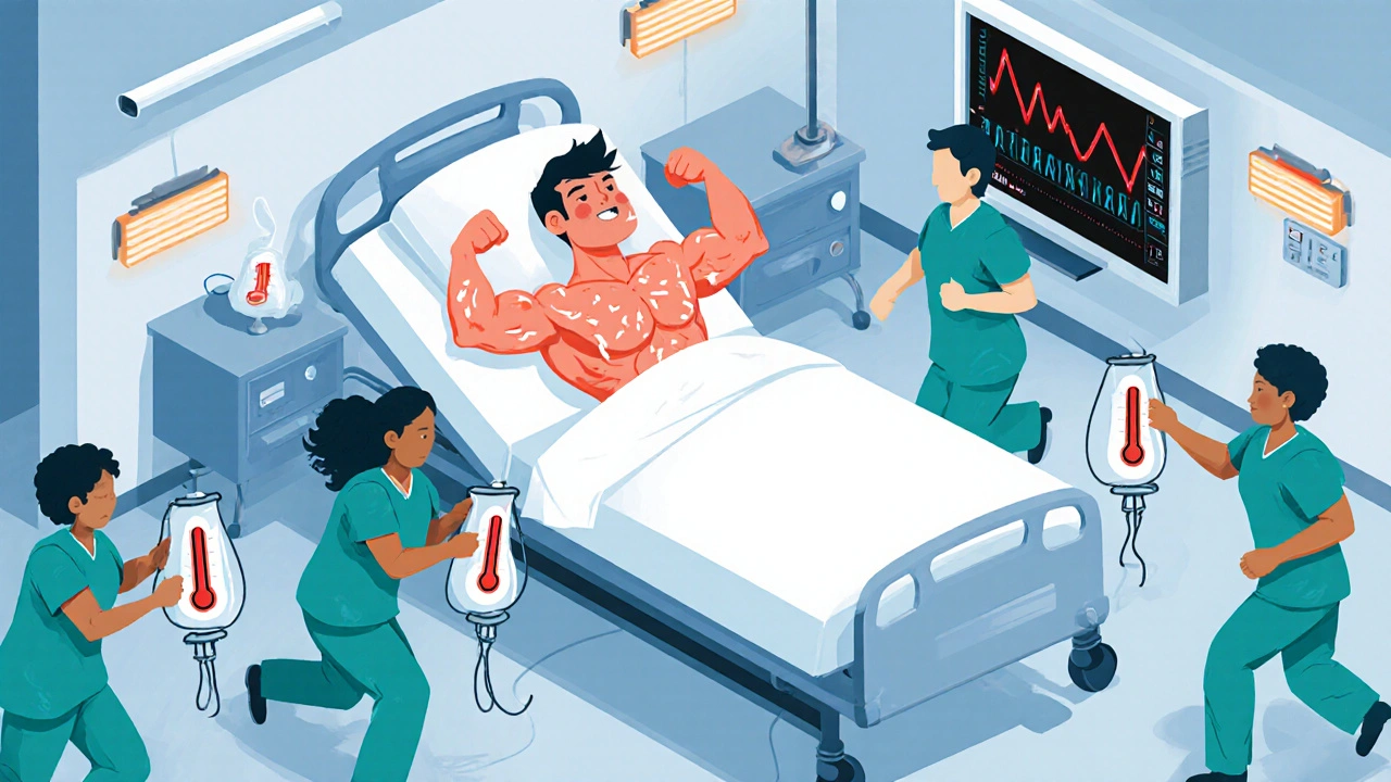 Emergency room showing patient with serotonin syndrome symptoms and medical staff.