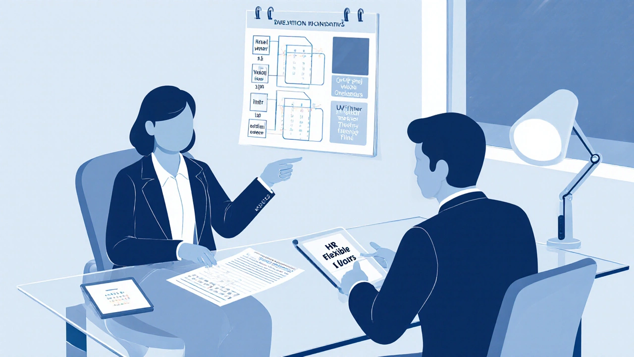 Employee and HR representative discussing medical summary and workplace adjustments in a meeting room.