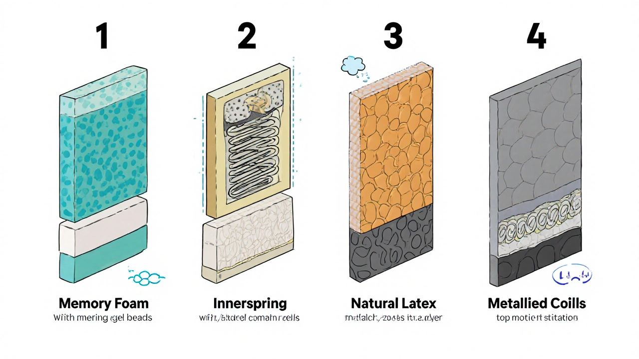 Four cross‑section panels illustrate memory foam, innerspring, latex, and hybrid mattresses.