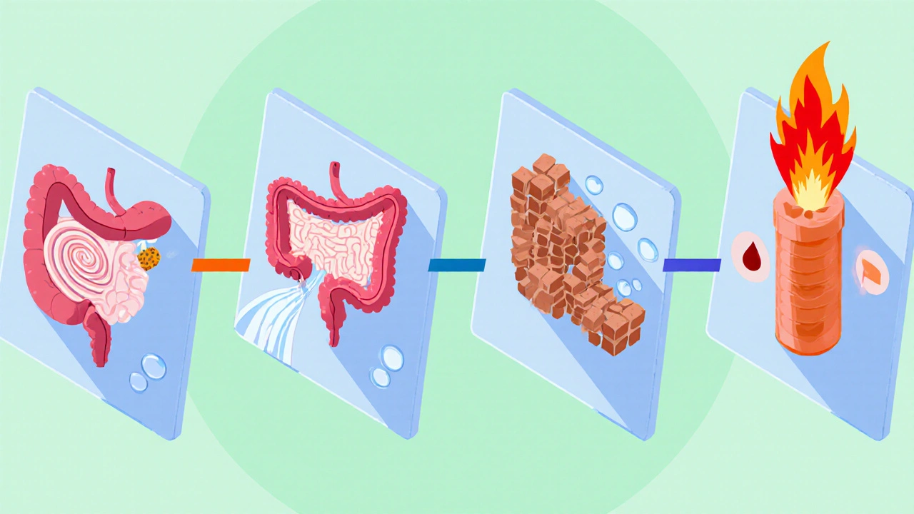 Four-panel isometric scene illustrating gastroparesis, diarrhea, constipation, and GERD within the digestive tract.