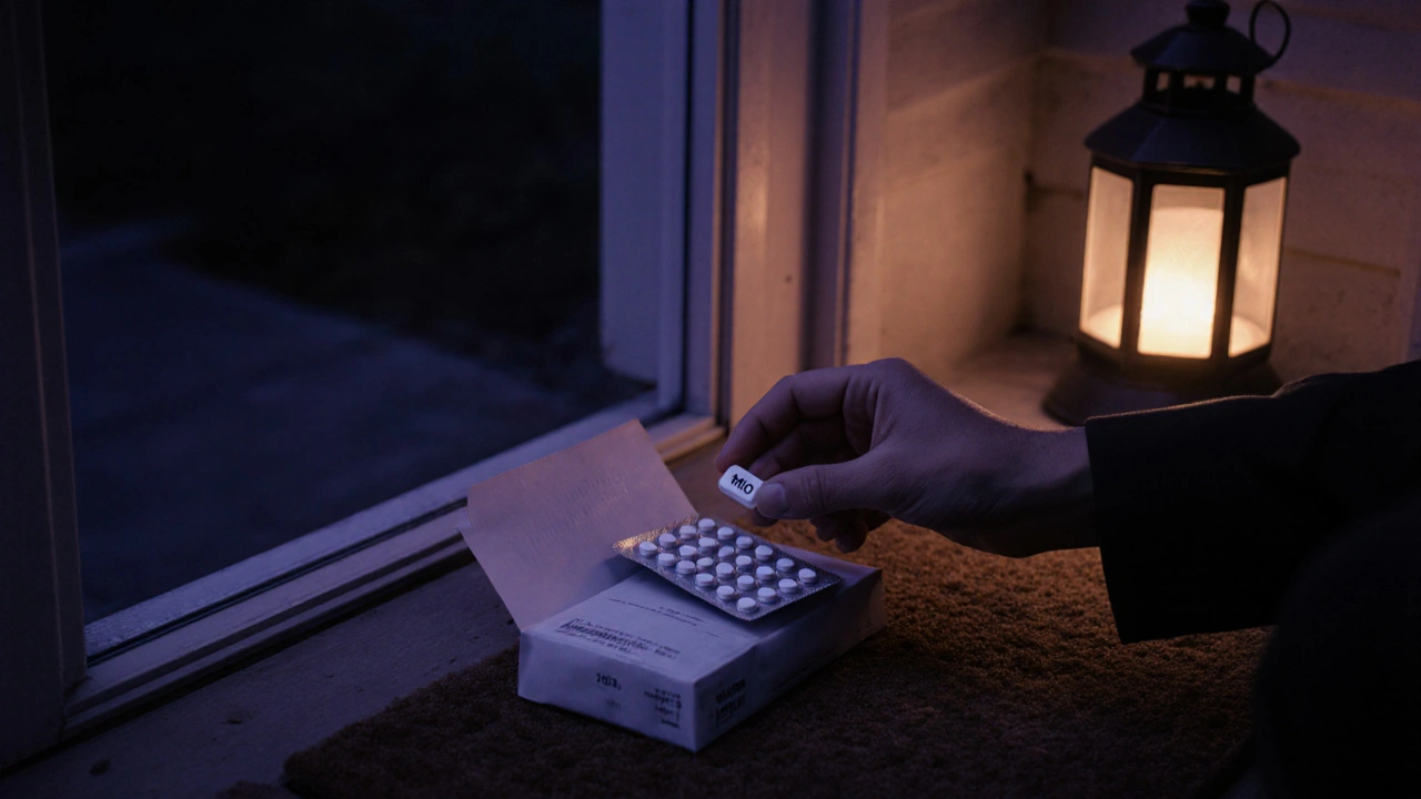 Hand holding a Montelukast tablet from an opened parcel on a doorstep.