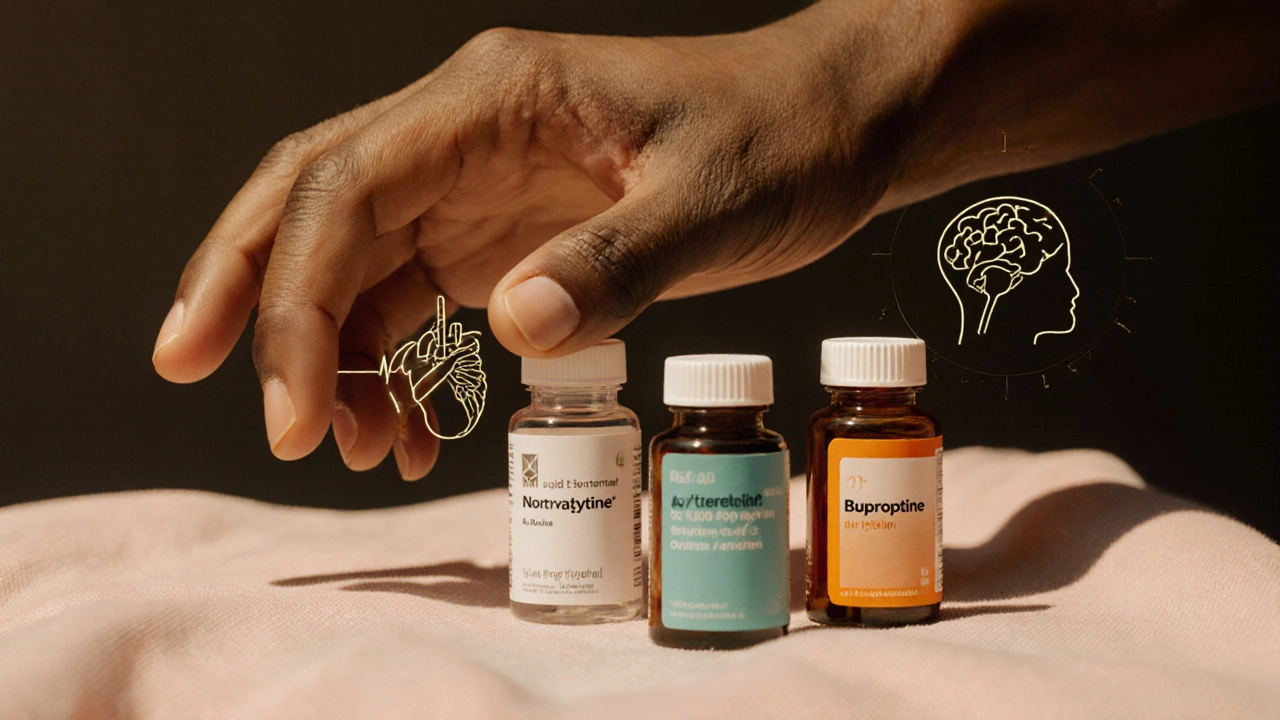 Hand reaching for Nortriptyline, Duloxetine, and Bupropion bottles with heart, brain, and nerve overlays.