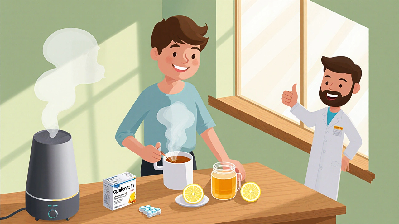 Home kitchen with honey‑lemon tea, humidifier, guaifenesin bottle, and pharmacist advice.
