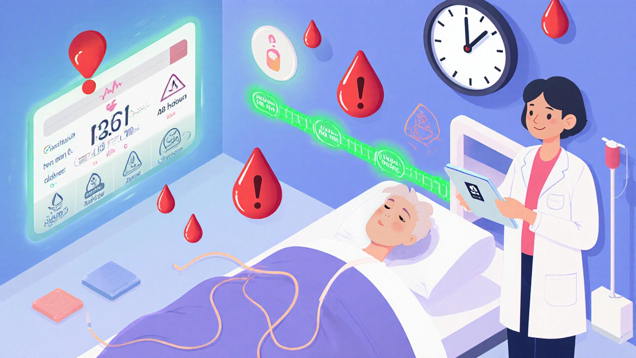 Hospital scene with patient, anesthesiologist, and countdown clock showing safe timing for blood thinners before spinal procedure.