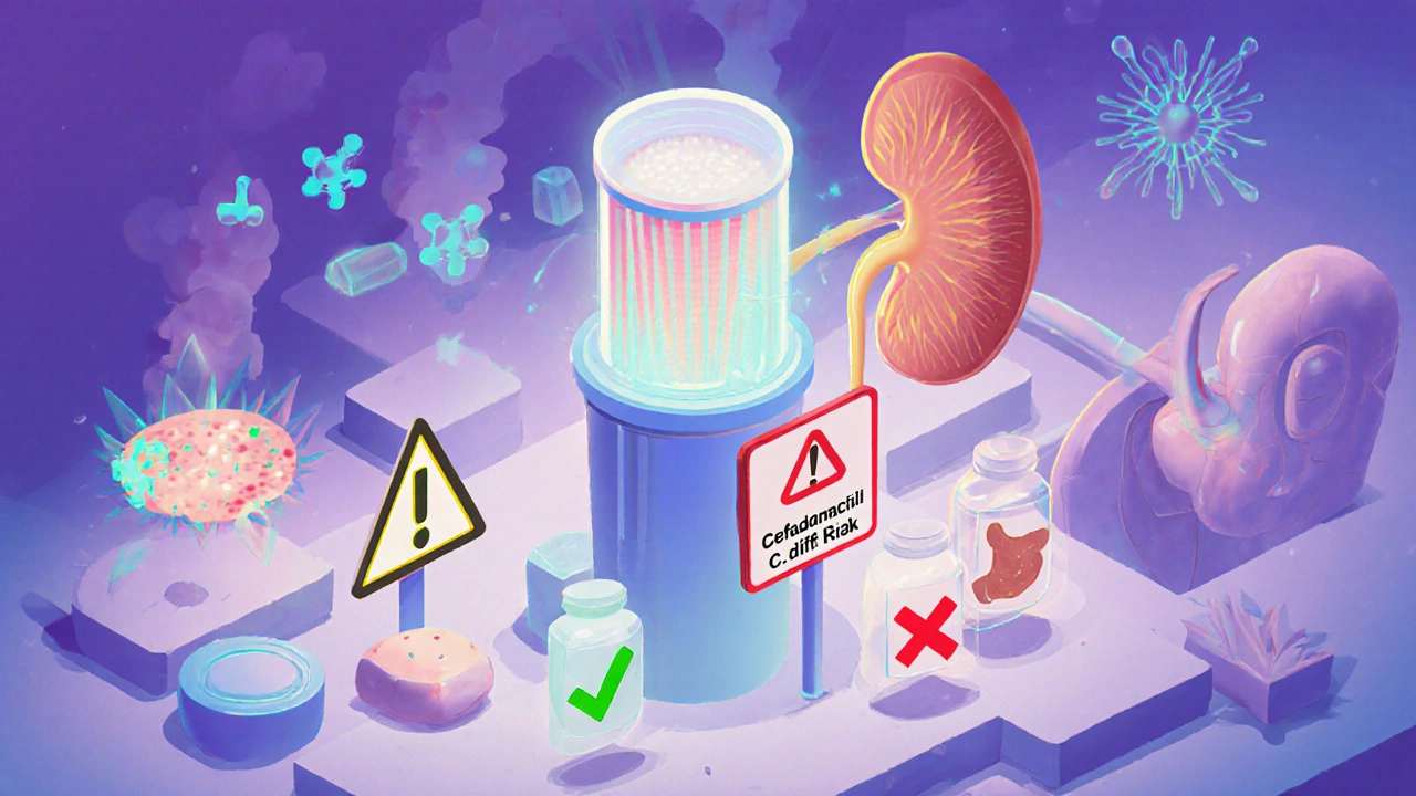 Human kidney filtering Cefadroxil safely while blocking dangerous side effects from other antibiotics