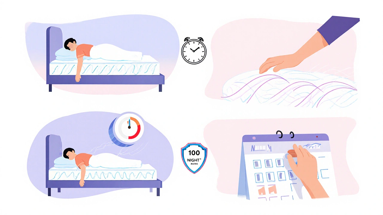 Illustrated checklist of mattress testing: lying time, motion isolation, temperature, trial period.