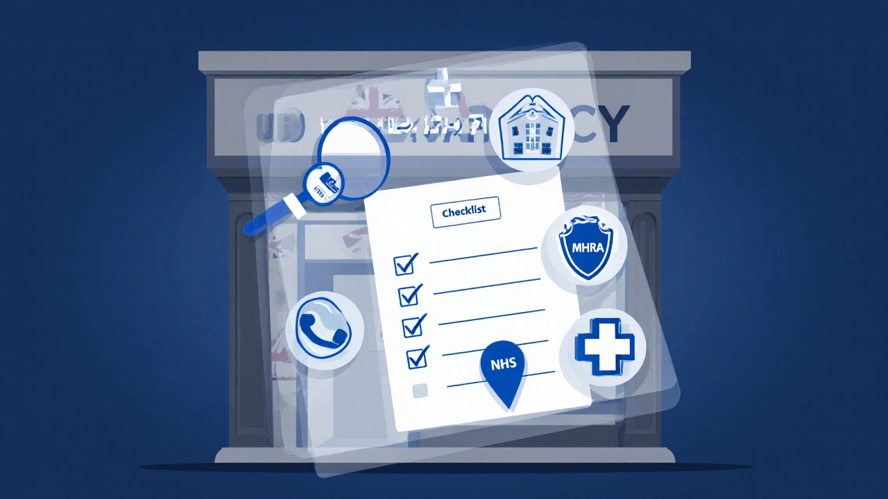 Illustrated checklist with icons verifying an online pharmacy&#039;s legitimacy.