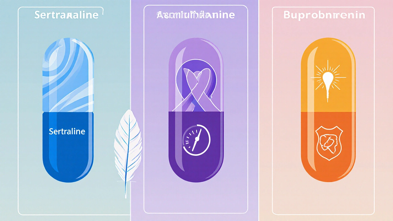 Illustrated comparison of sertraline, venlafaxine, and bupropion with icons for side effects.