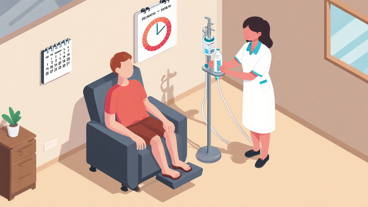 Isometric clinic room showing patient receiving IV bisphosphonate infusion with nurse and calendar.