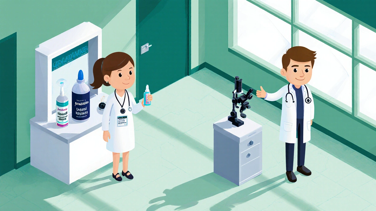Isometric clinic scene with a patient holding safe antihistamine and doctor near eye exam station.
