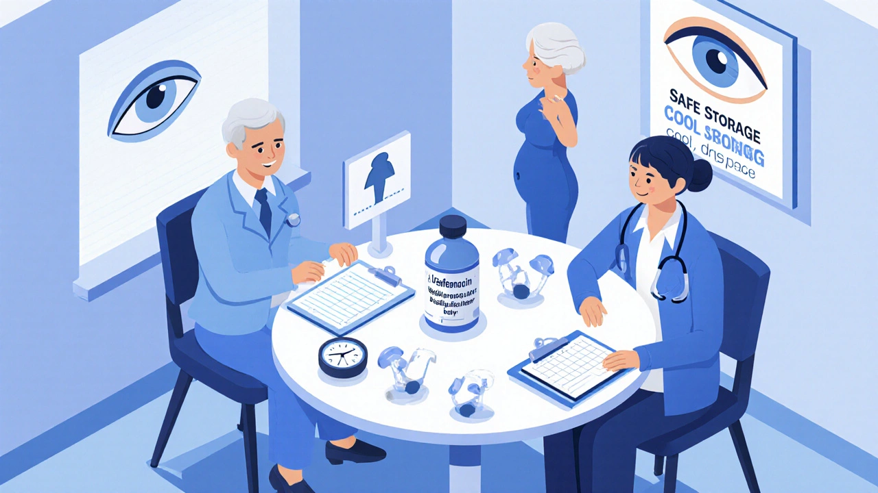 Isometric clinic scene with patient, bladder diary, and safety icons.