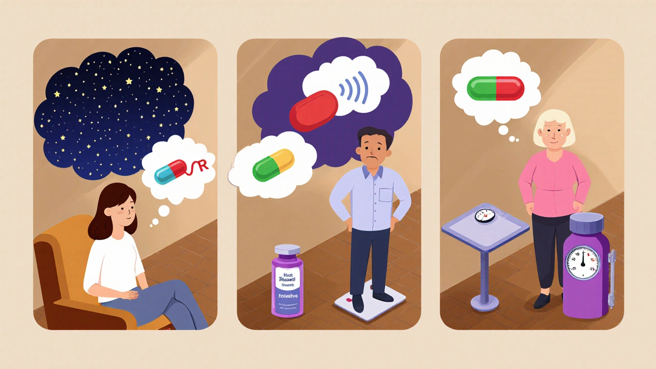 Isometric clinic scene with three patient vignettes illustrating medication switches.
