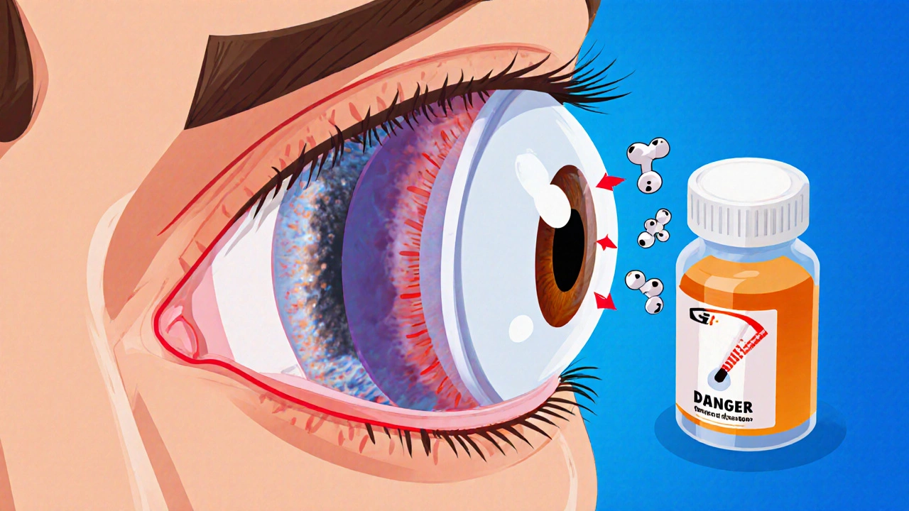 Isometric cross-section of an eye illustrating pupil dilation and blocked fluid flow.