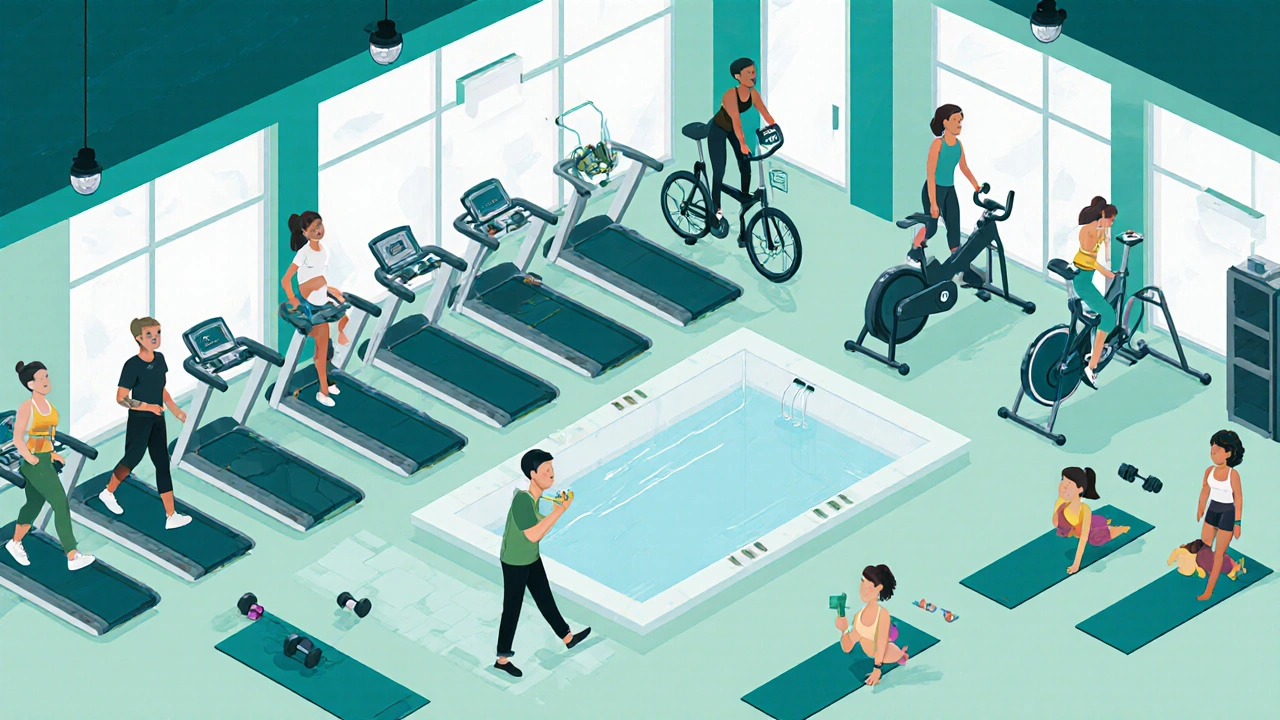 Isometric gym showing cardio, strength, and yoga areas with participants.