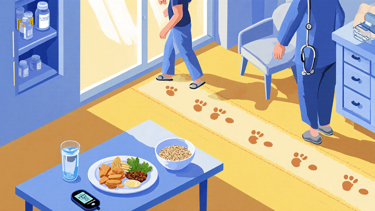 Isometric kitchen scene with small meals, water, glucose monitor, walking path, and medical items for gut‑friendly diabetes care.