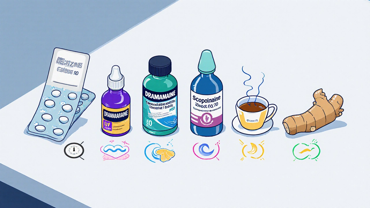Isometric lineup of six motion‑sickness remedies with icons showing onset, drowsiness, and duration.