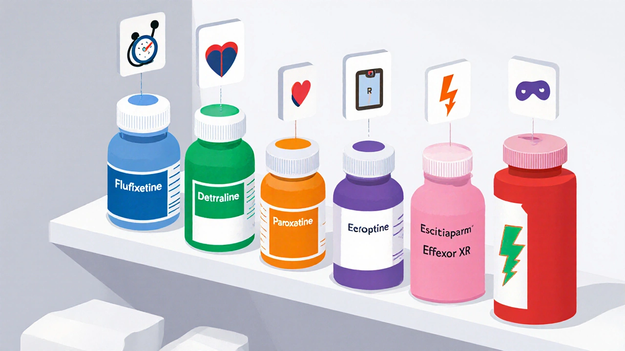 Isometric pharmacy shelf with six colored pill bottles and floating side‑effect icons.