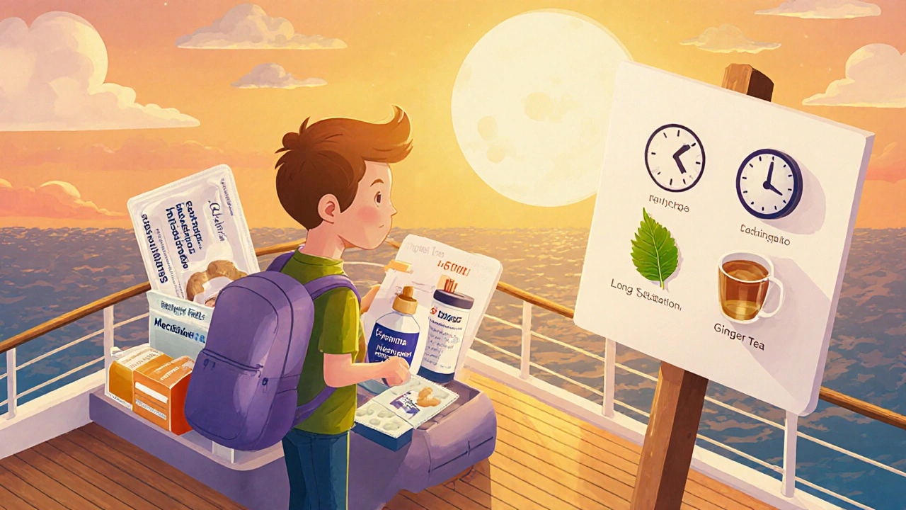 Isometric scene of a traveler on a cruise deck with medicine packets and ginger tea, highlighting choices.