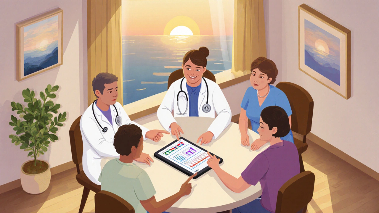 Isometric supportive healthcare meeting with patient, doctor, therapist, and sunrise.