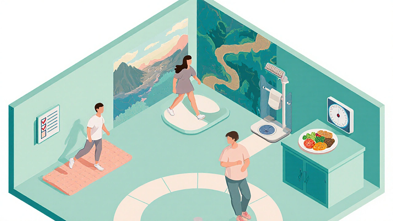 Isometric view of a daily routine checklist with stretching, walking, meals, and BP check.