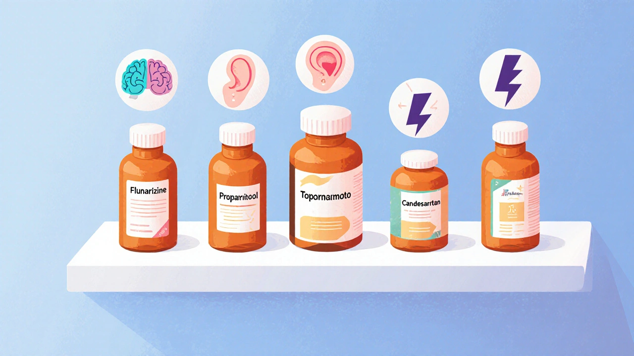 Isometric view of five migraine and vertigo medications and supplements on a shelf
