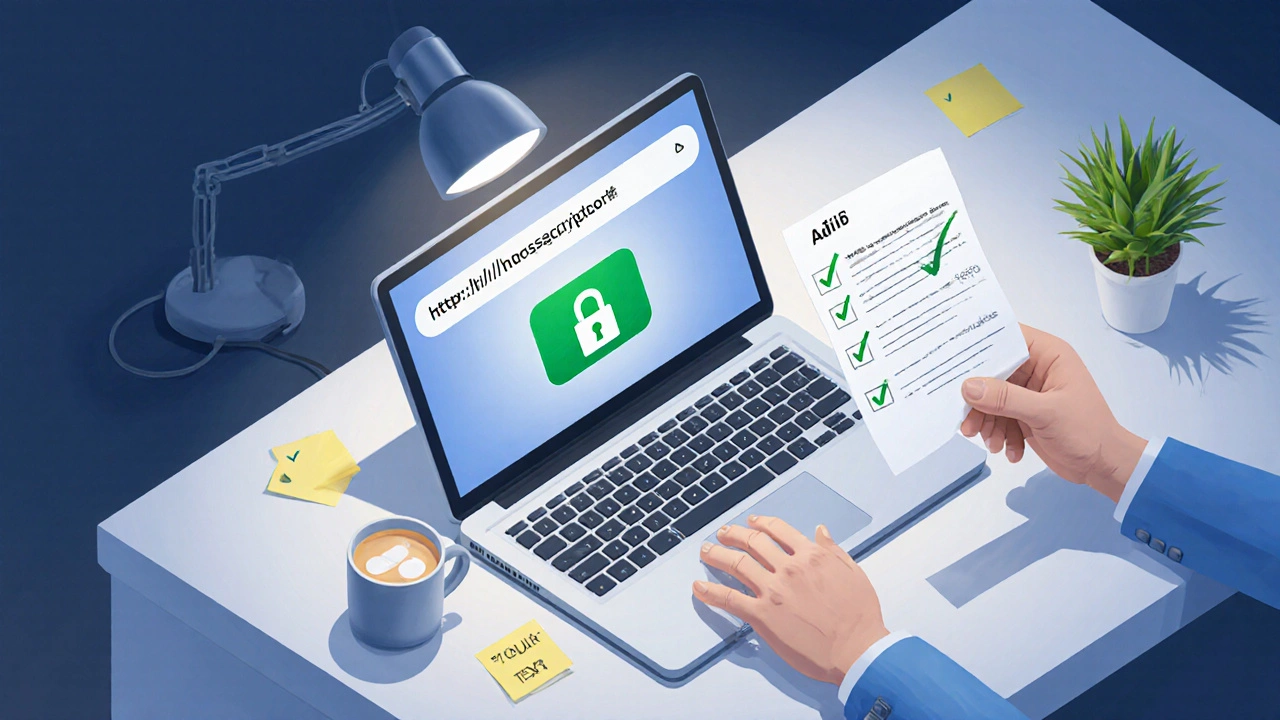 Isometric view of laptop showing secure website and a hand holding a prescription near a checklist.