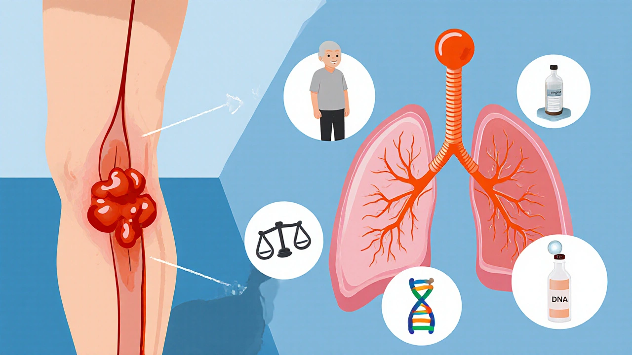 Isometric view showing a blood clot in a leg vein and an embolus in the lungs with risk‑factor icons.