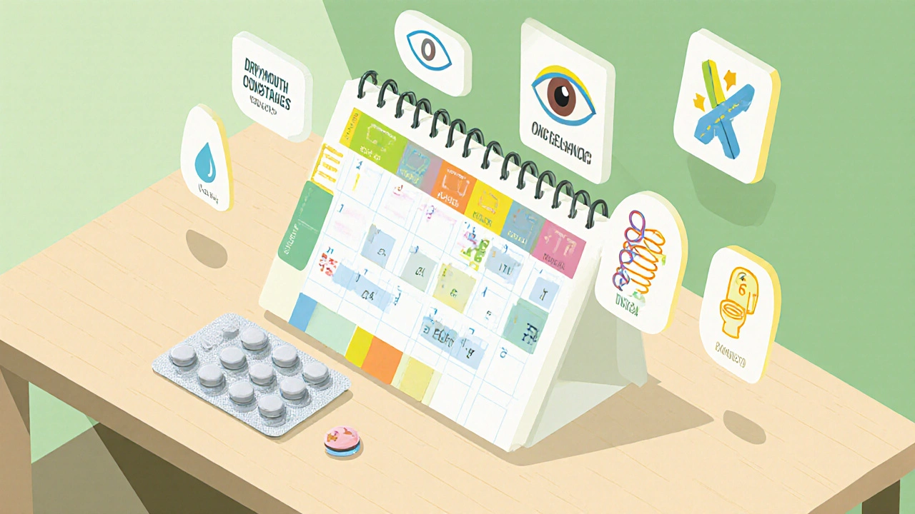 Isometric weekly planner showing Darifenacin dosing and side‑effect icons.