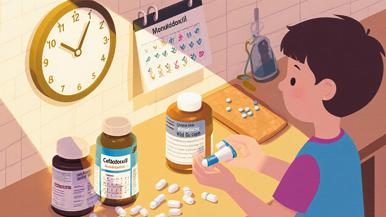 Parent giving a single Cefadroxil pill to a child in a kitchen, with other antibiotics scattered around