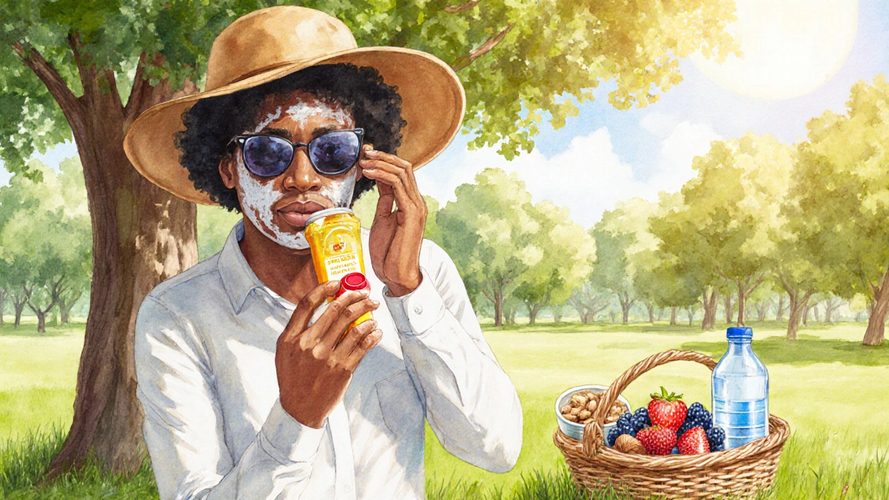 Person applying sunscreen, wearing hat and sunglasses, with shade and healthy foods nearby.