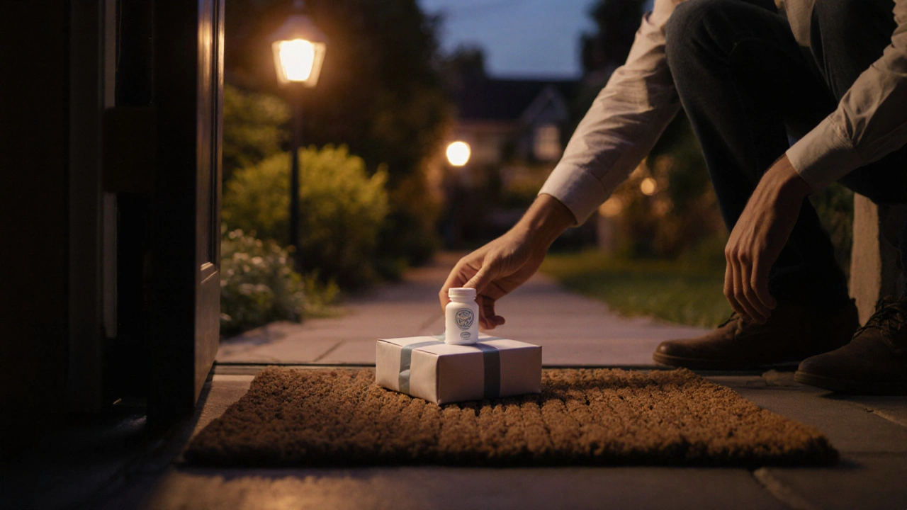 Plain white parcel on doorstep revealing discreet pill bottle in soft light.
