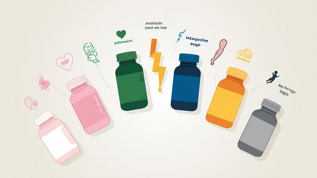 Six antibiotic pill bottles with icons representing side effects and costs.