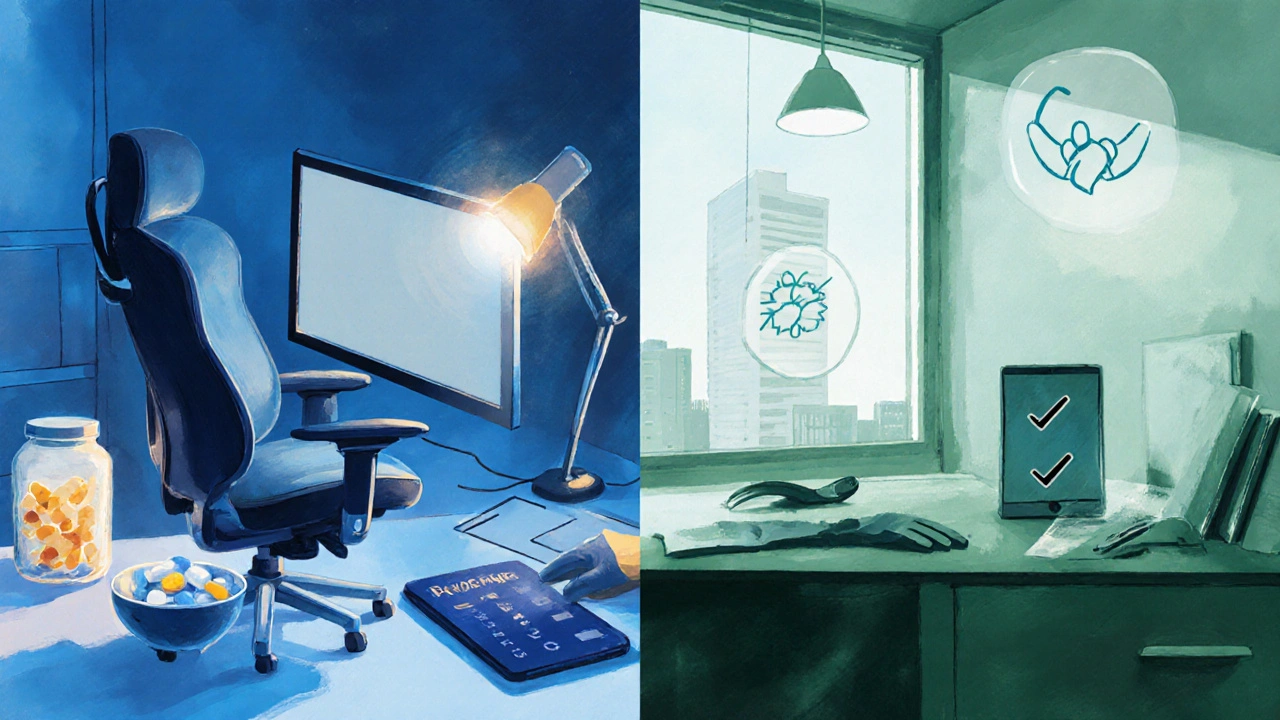 Split view of home and office workspaces equipped with lighting and ergonomic accommodations for porphyria.