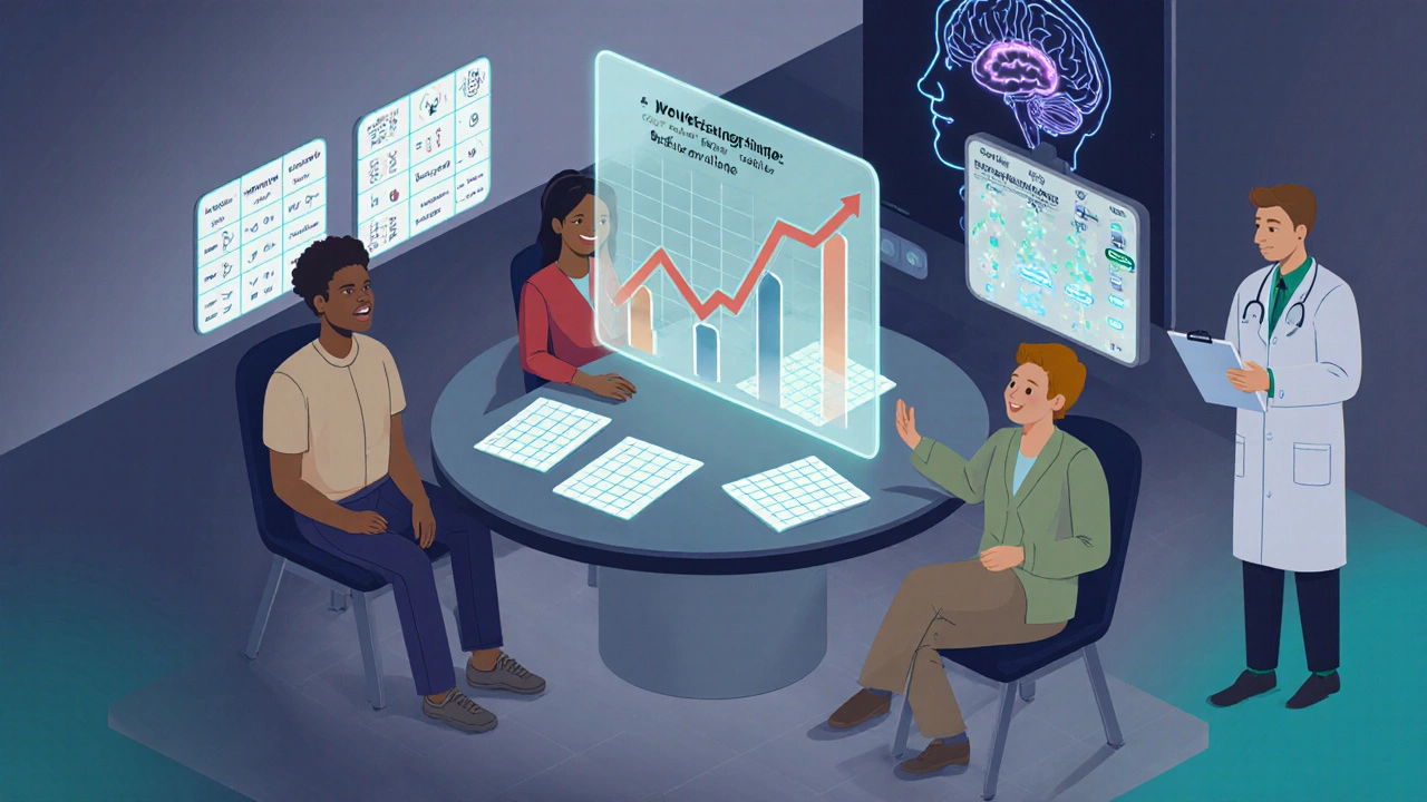 Three people in a clinical trial with glowing cognitive test results rising above their heads, guided by a doctor.