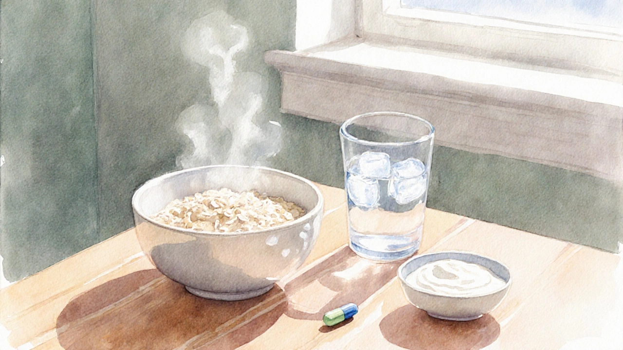Warm kitchen scene with oatmeal, water, yogurt and a probiotic capsule suggesting gut‑friendly recovery.