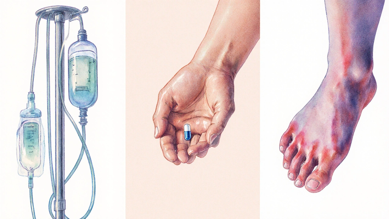Watercolor panels showing IV infusion, a capsule, and foot with hand‑foot syndrome.
