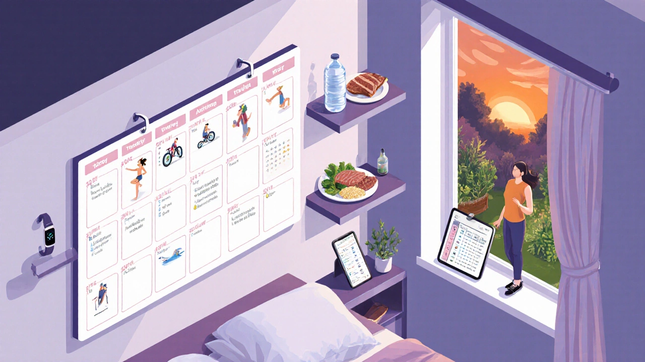 Weekly planner wall with icons for workouts, nutrition, and active rest.