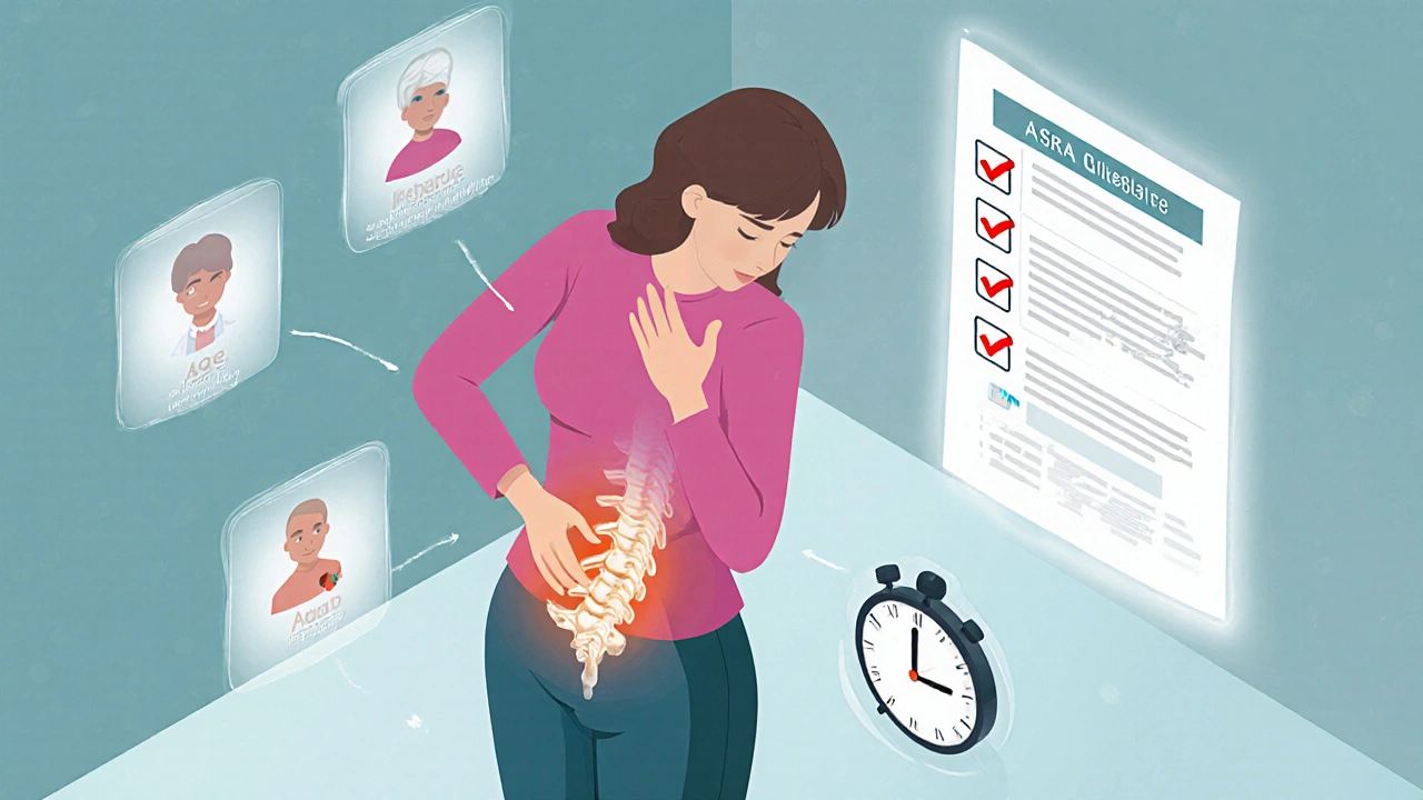 Woman experiencing back pain after spinal procedure, with warning icons and ASRA checklist floating nearby in isometric style.
