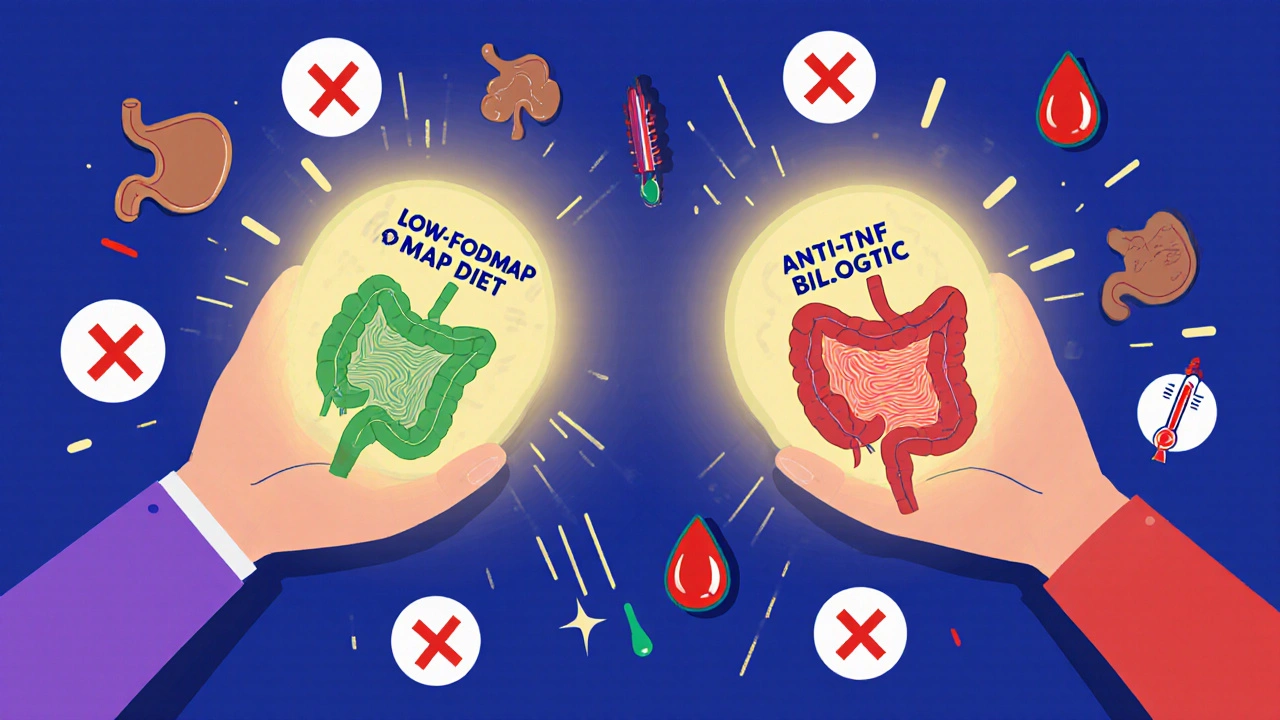 A person using two different keys to unlock healing for IBS and IBD, with floating medical icons representing symptoms and treatments.