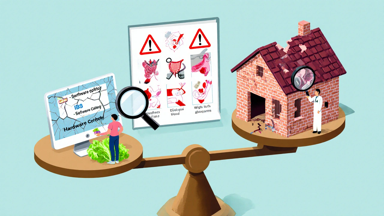A scale balancing a malfunctioning computer (IBS) against a crumbling house (IBD), with medical symbols and warning flags.