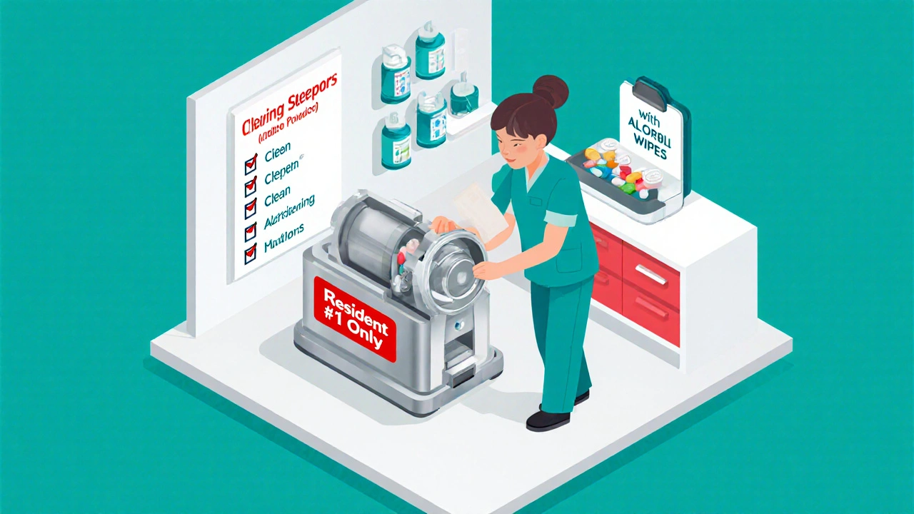 Caregiver using sealed pill crusher with clean splitter and cleaning checklist