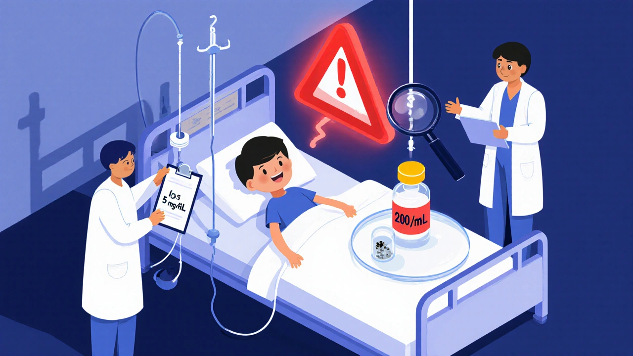 Child in hospital bed with floating warning symbol above, two providers arguing over incorrect dosages.